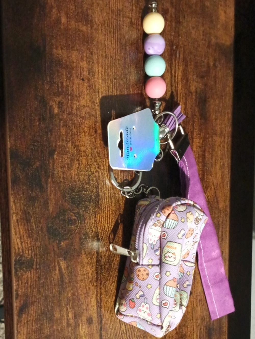 Mini Purple Snack Pattern Keychain Pouch, Beaded Keychain With Lanyard